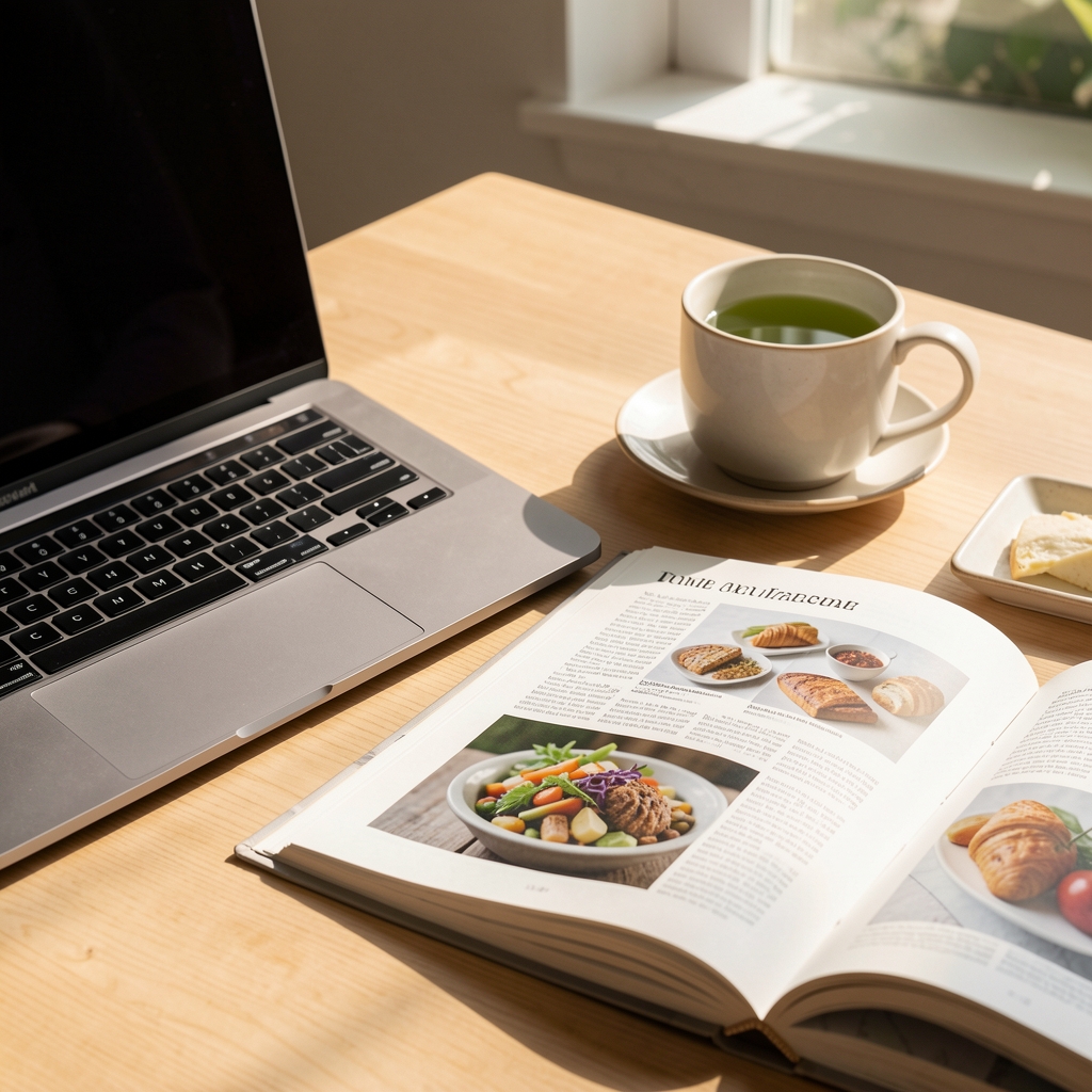 Detail shot of an editorial workspace with a laptop, open food composition reference book, and a cup of green tea on a light wood surface in afternoon sun